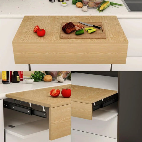 Kick Clutter To The Curb With Adjustable Countertop Extension Slide Rail System Hidden Lift Platform Push Pull Table Add On Heavy Duty Drawer Organizer Setup, 52cm wooden slide rail with tomatoes and cutting board.