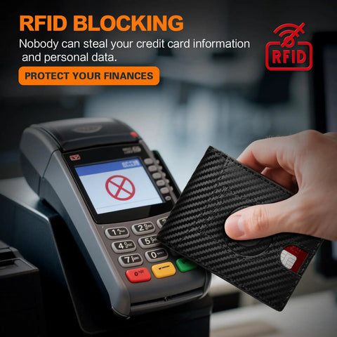 Hand holding an Ultra Slim RFID Blocking Bifold Wallet For Men With Carbon Fiber Look near a card reader, highlighting RFID blocking.