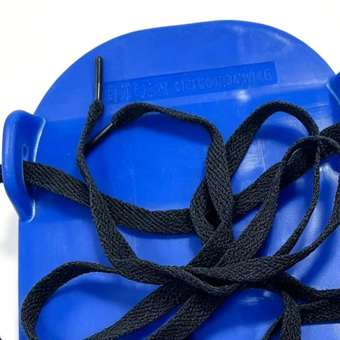Close-up of blue base with black laces of Lawn Aerator Shoes With Heavy Duty Adjustable Spiked Soles For Yard And Garden Aeration