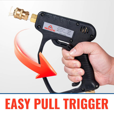 Hand holding a Short 5000 PSI Pressure Washer Gun With 360 Degree Swivel Stubby Power Wand That Eats Grime with 3/8 plug and QC outlet
