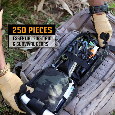 250 Piece Survival First Aid Kit With IFAK EMT MOLLE Pouch on backpack, outdoor setting, tools visible
