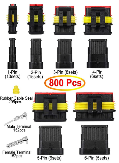 800Pcs 50Set Waterproof Automotive Electrical Wire Connector Kit with 1 to 6 Pin Connectors and Ratchet Crimping Tool components