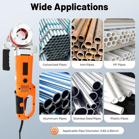 Straight-Up Heavy-Duty Electric Pipe Threader Kit Featuring Kick-Ass Copper Motor, shown with various pipe types for versatility.