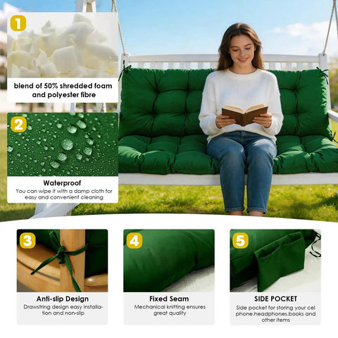 Thick Waterproof Porch Swing Cushion For Outdoor Two To Three Seater With Ties Cozy Replacement Bench Pad 60 By 40 Inches Dark Green Upgraded Memory Foam Blend For Patio Backyard And Garden.