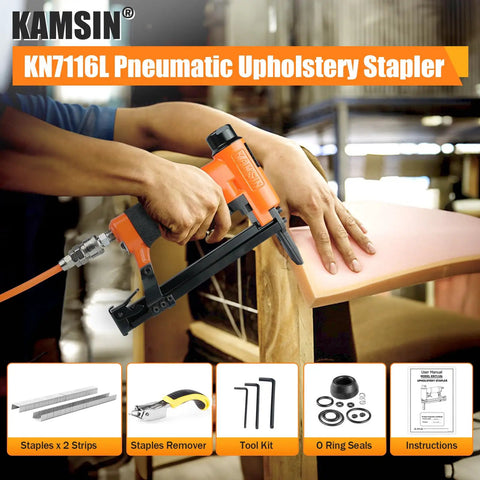 Hands using Pro-Grade 22 Gauge Pneumatic Upholstery Stapler With Long Nose Reach, 3/8-Inch Crown, in woodworking project