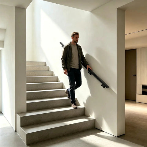 Man using Rock Solid Wall Mount Handrail In Sleek Black Finish Forged From Premium Stainless Steel for safe descent on modern staircase.