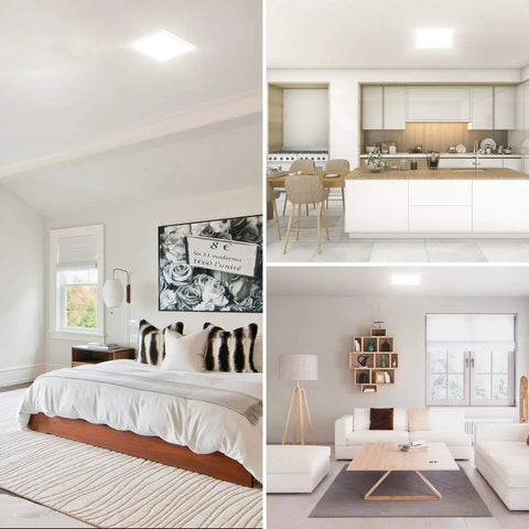 Ultra Slim Flush Mount Ceiling Light 12 Inch Square LED Fixture, 120V 5000K Daylight, 3100 Lumens, 24W Dimmable in various rooms.