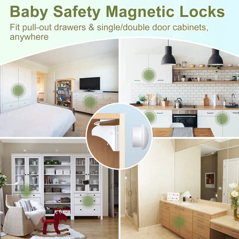 Image showing Magnetic Cabinet Locks Set 6 Pack Plus 2 Keys No Drill Baby Proofing For Kid Safe Kitchen Cabinets And Drawers Discreet Adhesive