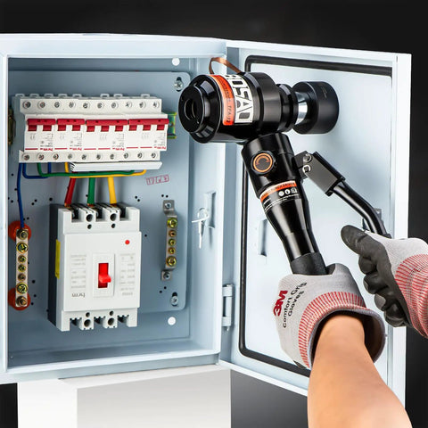 Using Aluminum Alloy Hydraulic Knockout Hole Punch Driver Kit 1/2 To 2 Inch Conduit Hole Cutter Set For Metal Sheets Heavy Duty KO Tool Kit Pro Grade TP-8C Ready on electrical panel