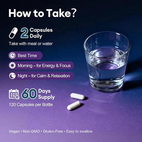 Instructions for taking All-In-One Magnesium Complex capsules with water, showing two pills next to a glass on purple background.