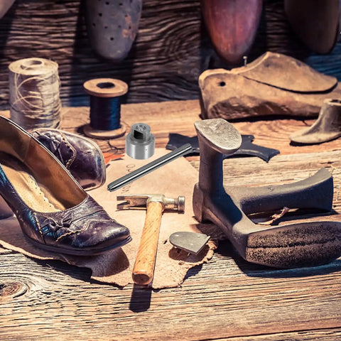 Top Shelf Boot Lace Hook Repair Kit With Install Lever And Base To Tackle Frayed Shoelaces And Broken Eyelets On Hiking Boots and Trail Shoes No Sweat Quick Buckle Fixer arranged on a rustic wooden table.