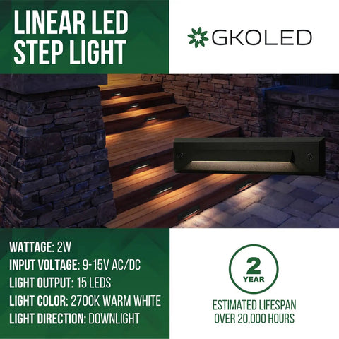 Set Of 6 Low Voltage LED Linear Step Lights 9 To 15V AC DC 2W Landscape Riser Lighting For Outdoor Steps Waterproof Die Cast Aluminum With Black Powder Coat Finish illuminating stairs