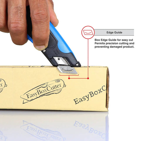 Heavy Duty Box Cutter With Three Adjustable Blade Depths And Precision Edge Guide in use on a cardboard box.