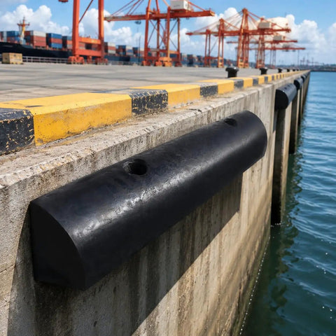 Close-up of semi-circular rubber dock guard installed on concrete dock for easy mooring, marine bumper protection visible.