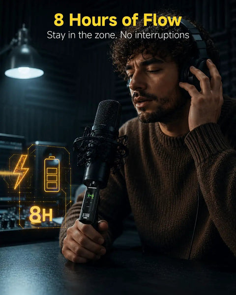 Man using 2.4GHz Wireless XLR Transmitter And Receiver Set For Live Shows And Studio Use, Plug And Play For Stage Performances