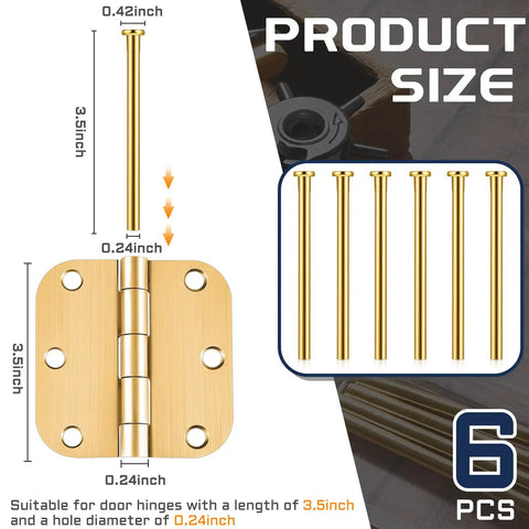 6 Pack Door Hinge Pins 3.5 Inch Legit Oil Rubbed Bronze And Gold Heavy Duty Stainless Steel shown with measurements and usage details.