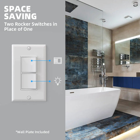 Dual Decorator Double Rocker Light Switch With Two Single Pole Paddles, 15A 120V In Wall On Off, installed in modern bathroom.