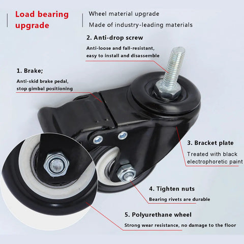 Top Notch Locking Casters Set Of Four Featuring Dead Silent Polyurethane Tires And Heavy Duty Steel Cores with anti-skid brake.