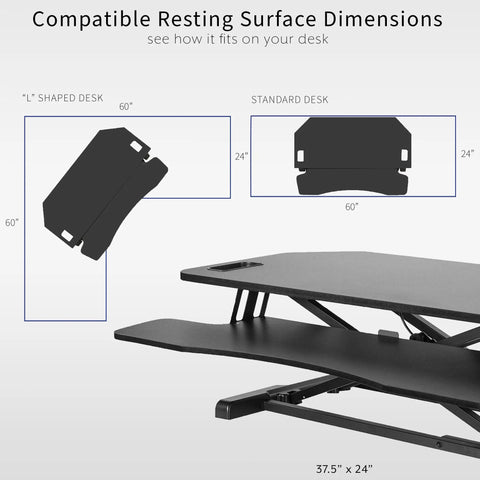 Diagram showing Extra Wide 38 Inch Corner Desk Converter With Height Adjustable Sit To Stand Riser dimensions on L-shaped and standard desks.