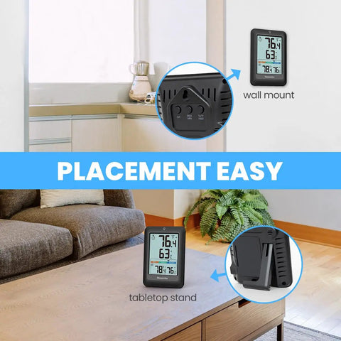 Indoor Outdoor Thermometer Wireless Weather Station with Comfort Indicator for home and patio, wall and tabletop view.