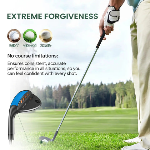 Golfer using 52/56/60 degree wedge on green, CNC milled face for 52 Degree 56 Degree 60 Degree Wedge Set For Men And Women Right Hand CNC Milled Face For More Spin And Control Three Piece Golf Wedges For The Short Game Spin Masters In Your Bag Bunker Play Chips Pitches And High Soft Landings. Wedge close-up insert shown.