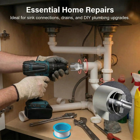 4 in 1 PVC Pipe Threader Kit for One Half, Three Quarters and One Inch Pipes in use with drill for plumbing repair