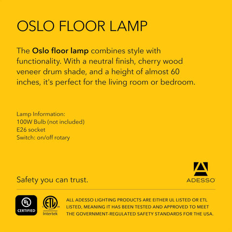 Product information sheet for Oslo floor lamp showing lamp features, dimensions, and safety certifications on a yellow background.