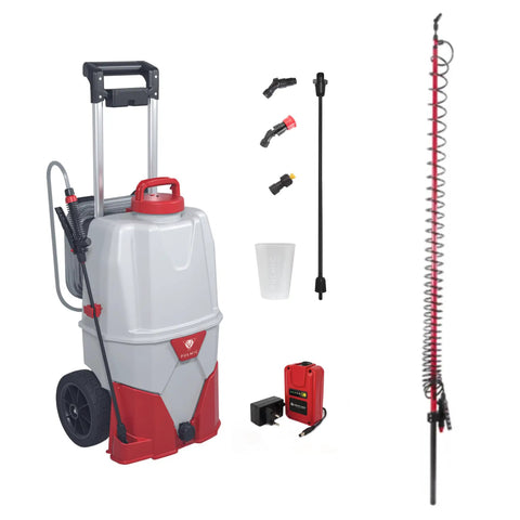 Heavy Duty 35L Electric Sprayer On Wheels With 5M Telescopic Wand, 18V Battery, 3 Speed Settings, Up To 58 PSI, 6M Hose, Weed Sprayer Kit For Lawn And Garden displayed with accessories