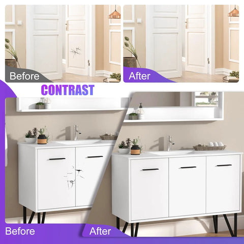 Before and after using White Touch Up Paint Pen 7oz Multi Surface Quick Dry Repair for Walls Doors Cabinets Wood Furniture