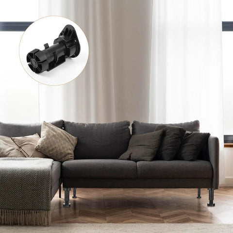 Living room with dark grey sofa using Adjustable Furniture Leveling Feet Set, 12 pieces, for non-slip support on wooden floor.