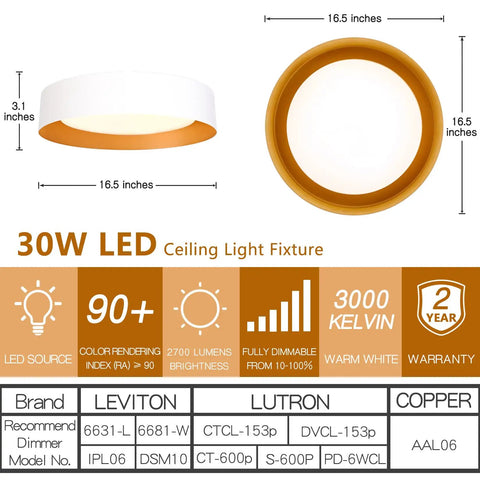 Diagram and product specs of Dope 16.5 Inch Dimmable LED Flush Mount Ceiling Light Matte White With Gold Interior 3000K Warm White 30W