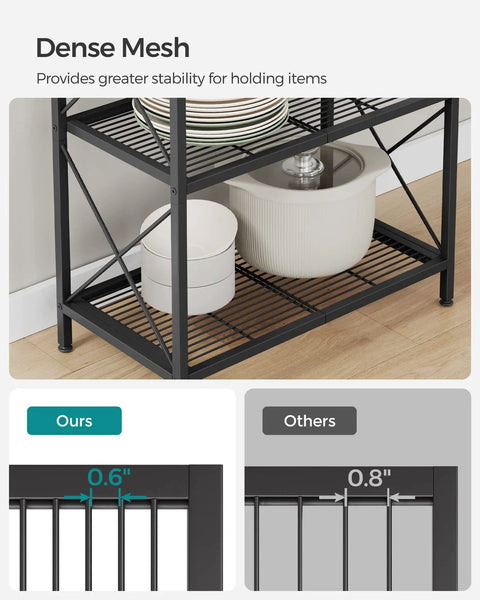 Kick The Clutter To The Curb With This No Sweat 5 Tier Steel Storage Rack Featuring Reinforced X Side Frames For Effortless Entryway Kitchen Bathroom Organization showing dense mesh shelves and stability features.