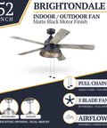 Brightondale 52 Inch Industrial Style Indoor Outdoor LED Ceiling Fan With Light, Pull Chain, Matte Black Motor, Dual Mounting