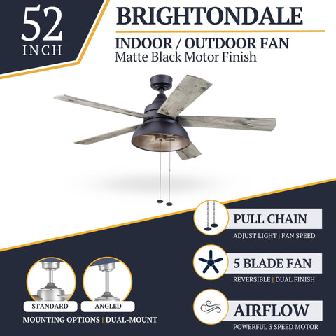 Brightondale 52 Inch Industrial Style Indoor Outdoor LED Ceiling Fan With Light, Pull Chain, Matte Black Motor, Dual Mounting