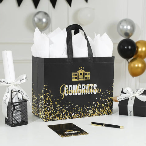 Two Pack 13 Inch Graduation Gift Bags With Tissue Paper And Cards, Reusable Nonwoven Gift Bags With Handles, Congrats Grad Gift Wrap Set For High School And College displayed with white tissue paper.