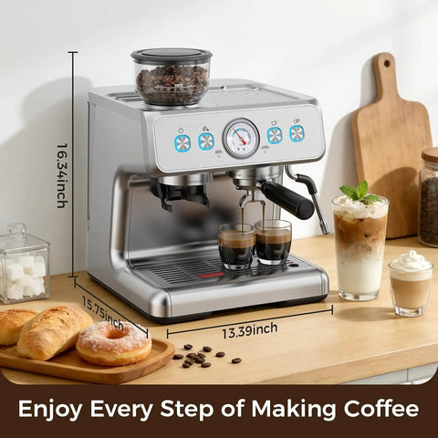 Kickin Up Bold Flavor With A Built In Grinder, 20 Bar Pressure Espresso Coffee Maker on wooden counter with drinks and snacks
