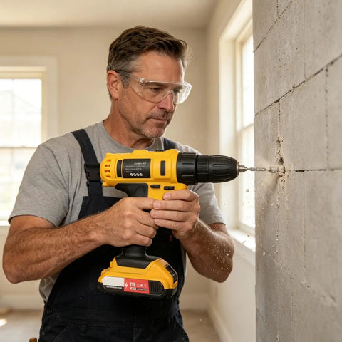 Heavy Duty Cordless Power Drill Packed With Badass High Torque Motor And Snappy Quick Release Chuck For No Sweat Home Woodworking And Knockout DIY Builds Built Like A Tank For Weekend Warriors On The Go in use drilling a wall.