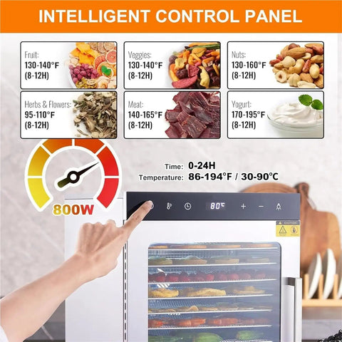 Intelligent control panel of Premium Electric Food Dehydrator With Six Heavy Duty Mesh Trays, showing temperature settings and cooking time.