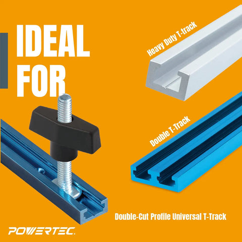 Universal 48 Inch T Track Kit With 17 Piece Hardware Set For Workbenches And Jigs, close-up of blue anodized double-cut T-track