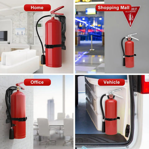 Four Pack Fire Extinguisher Mount Brackets Five Pound Metal Mounting Kit For Vehicles And Home, displayed in various settings.