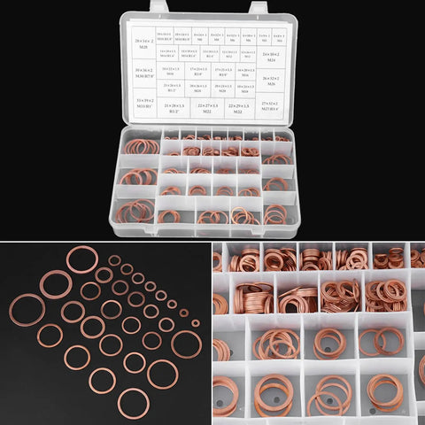 Boss Level 570 PCS Solid Copper Washers Flat Ring Kit With 30 Metric Sizes For Sump Plugs Oil Drain Seals On Cars Trucks Marine Engines Generators Hydraulic System With Sturdy Clear Plastic Storage Box Keeping Your Hardware Ready To Use Anytime, open organizer