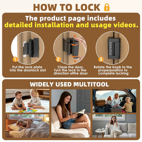 Instructions for using Tough As Nails Portable Door Lock And Reinforcement Lock For Travel With Zero Drill Setup with lock sequence steps.