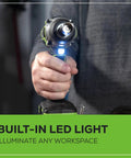 Person using 24V Brushless Cordless Impact Driver Kit with 2650 Inch Pounds Torque, illustrated with built-in LED light.