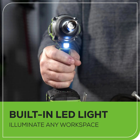 Person using 24V Brushless Cordless Impact Driver Kit with 2650 Inch Pounds Torque, illustrated with built-in LED light.