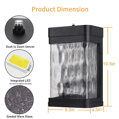Lit LED Porch Light Dusk To Dawn Wall Sconce With Bubble Glass, showing dimensions and components like sensor and LED.