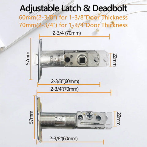 Adjustable backset latch sizes 2-3/8 to 2-3/4 inches with measurements shown for Double Door Handle Set For Your Front Door With Brushed Nickel Finish, Keyed Entry And Dummy Handles, Adjustable Backset From Two And Three Eighths Inches To Two And Three Quarters Inches, Fits US Standard Doors.