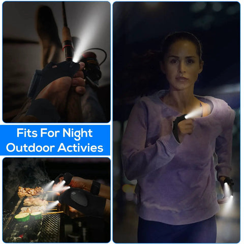 Led Flashlight Gloves Rechargeable Hands Free Light For Fishing Camping Repairs And DIY Projects Must Have Gift For Men Dad Boyfriend Christmas Stocking Stuffers White Elephant Gifts shown in use while jogging and grilling at night