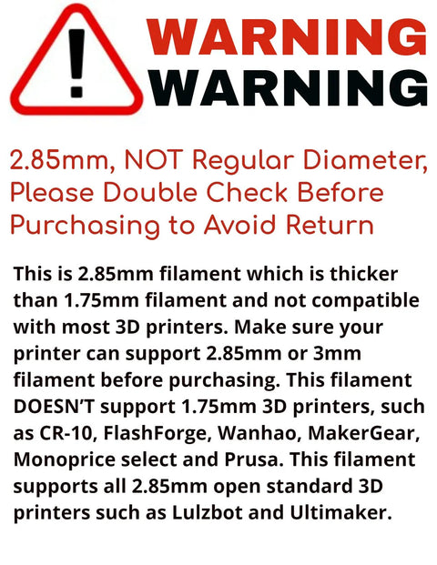 Warning sign about 2.85mm filament compatibility with 3D printers for Top Notch White PLA Filament 2.85mm 1K Spool.