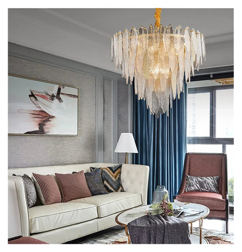 Modern Round Metal And Glass Pendant Light With Six Leds overhead in a stylish living room setting, illuminating a cozy space.