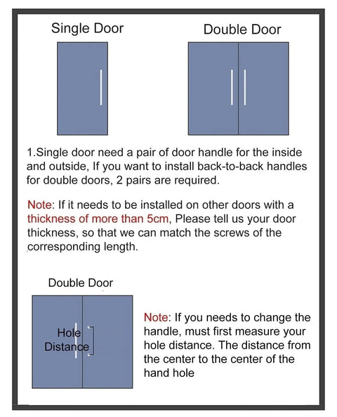Illustration showing installation guide for Beefy Heavy Duty Stainless Steel Push Pull Door Handle Set In Gold on single and double doors.